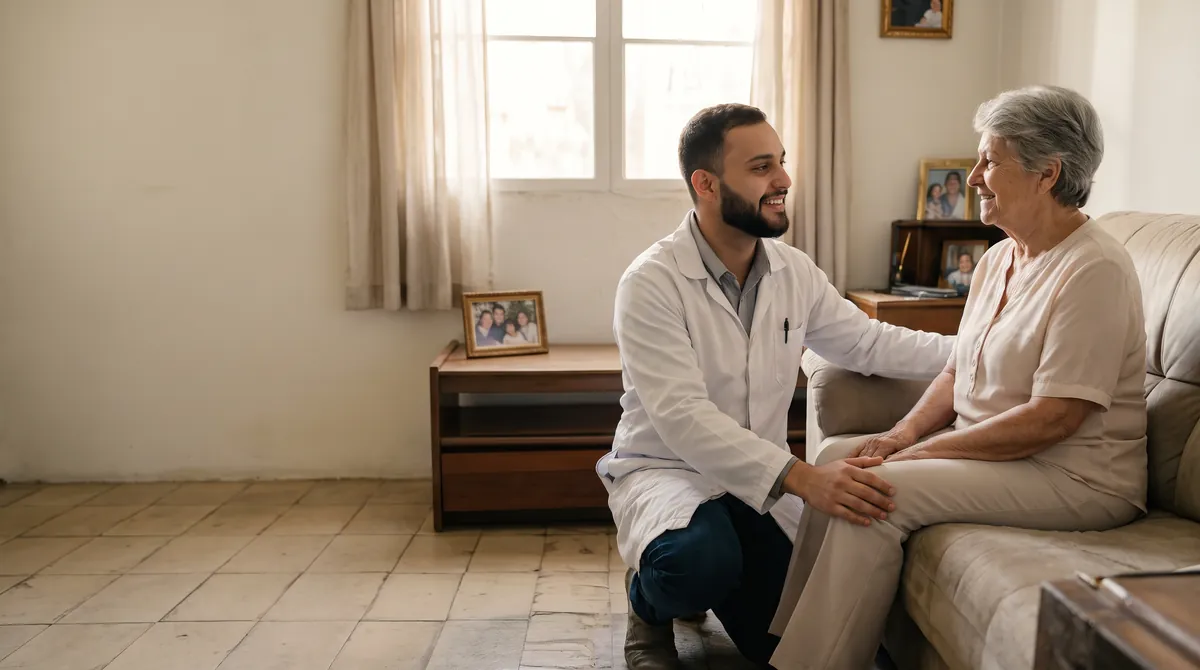 Jorge Vinicius, fisioterapeuta de jaleco branco, agachado ao lado de uma paciente idosa sentada no sofá da sala de casa, com a mão no joelho dela durante o atendimento