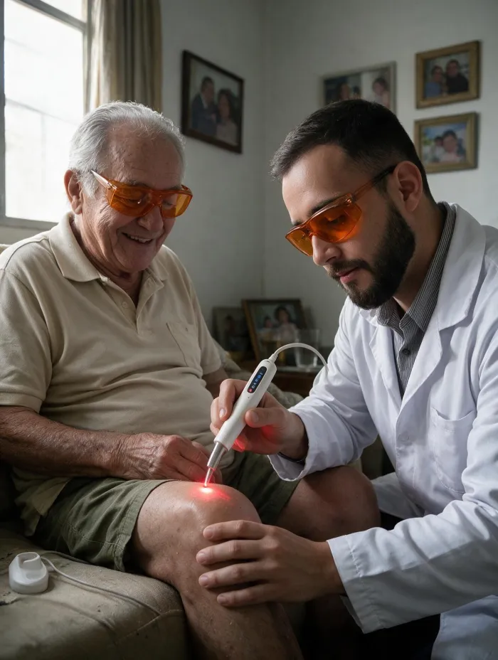 Fisioterapeuta aplicando laserterapia de baixa intensidade no joelho de um paciente idoso, ambos usando óculos de proteção