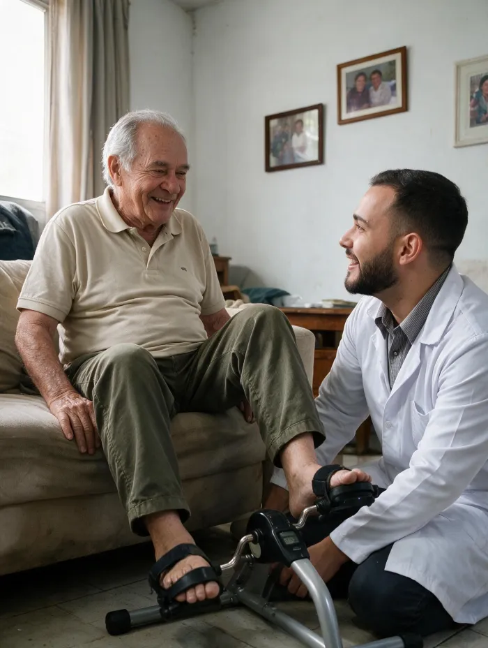 Fisioterapeuta orientando treino de marcha com andador na sala de casa de um paciente idoso