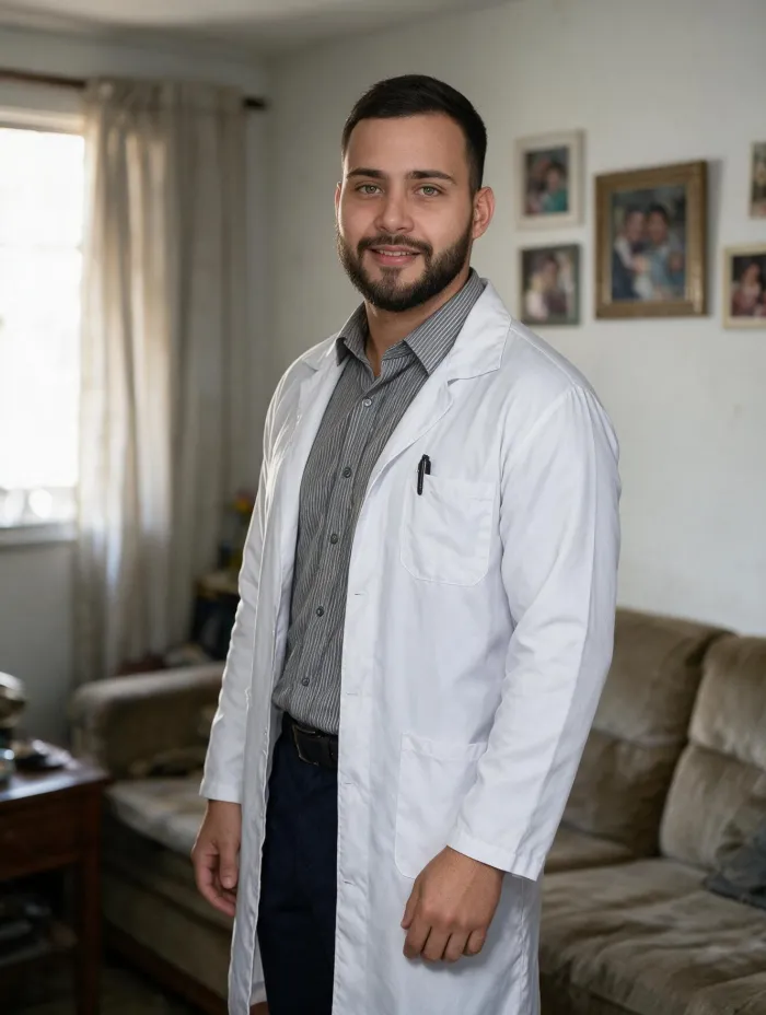 Jorge Vinicius, fisioterapeuta, de jaleco branco na sala de uma residência